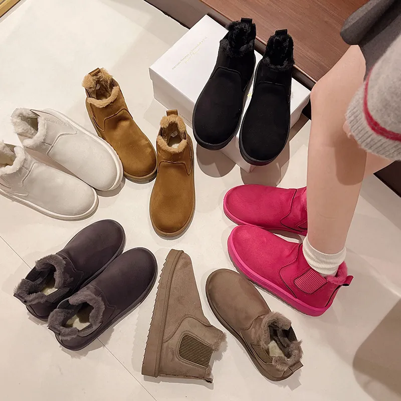 Women Short Snow Boots Suede Platform Winter Warm Shoes With Elastic Band Artificial Plush Lining Anti-slip Cotton Boots