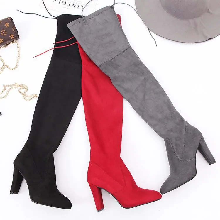 Women Pointed Toe Chunky High Heel Over-The-Knee Boots Elastic Faux Suede Fabric Lace-Up Side Zipper Winter Thigh High Boots