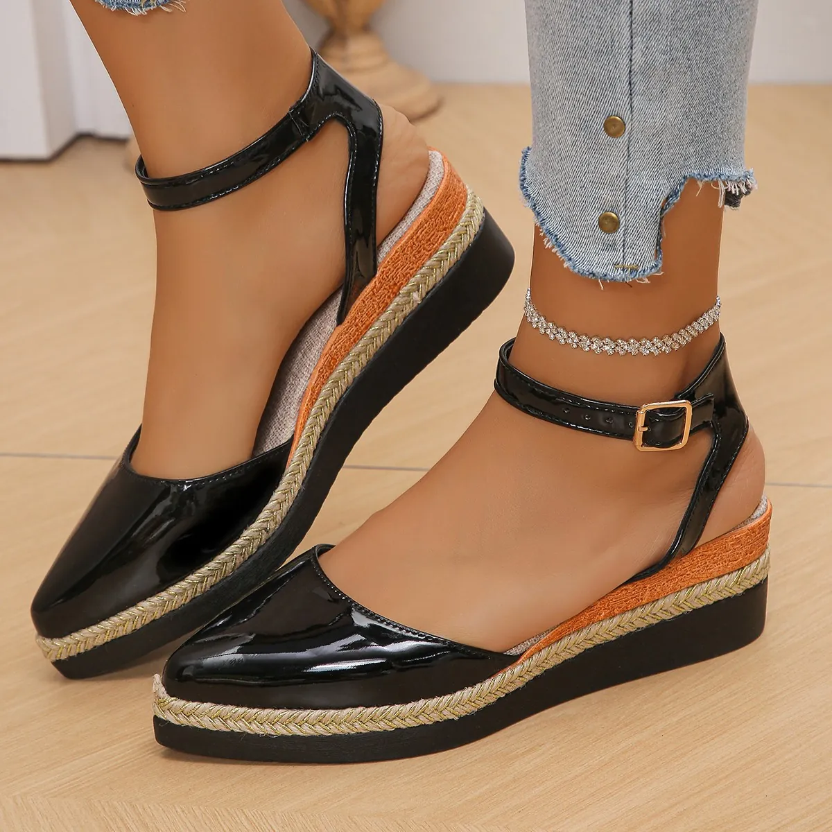 Women's Closed Toe Slingback Wedge Sandals Summer Platform Hemp Rope Braided Ankle Strap Espadrilles Plus Size Shoes