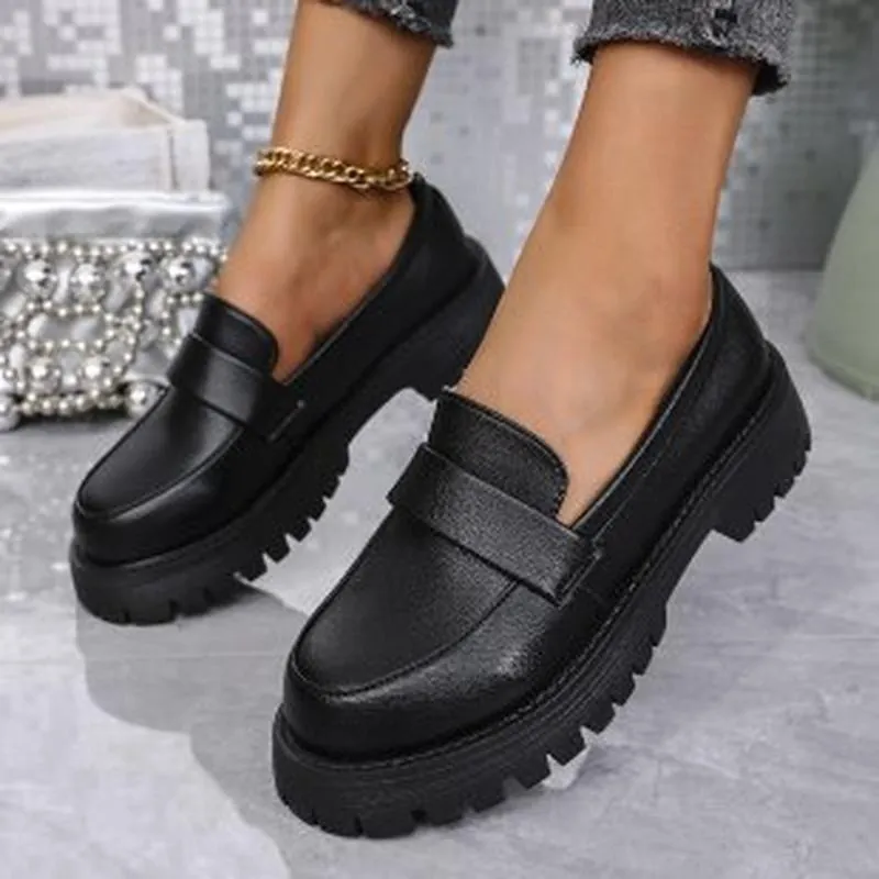 Women British Style Vintage Loafers Platform Chunky Heel Slip-on Shoes Solid Color Round Toe Non-Slip PU Leather Casual Shoes