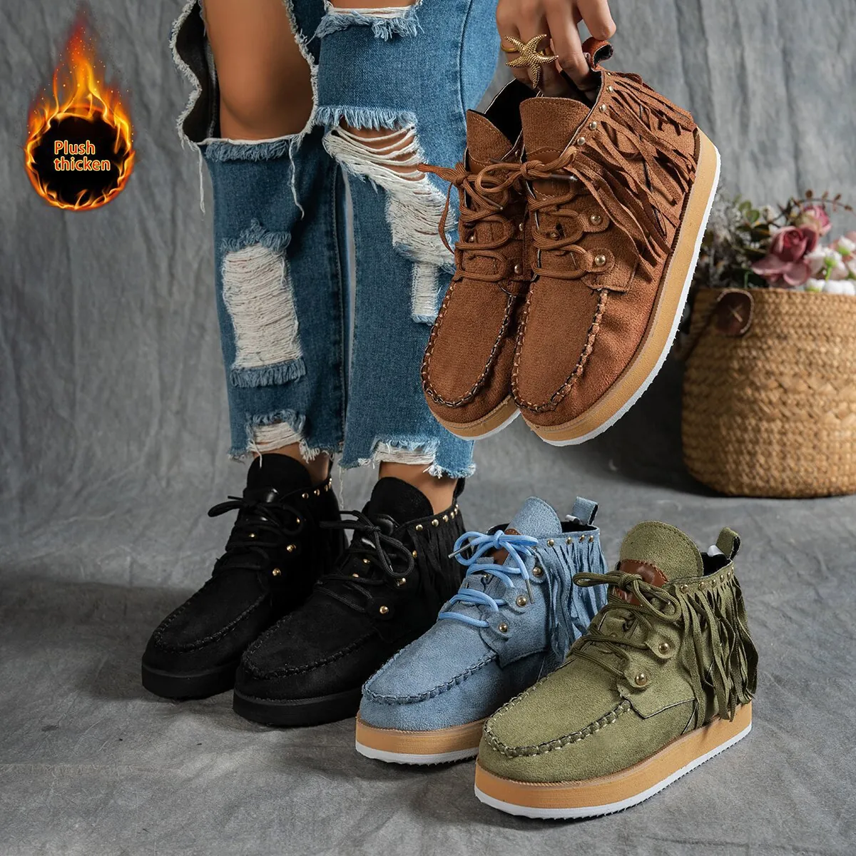 Dames Westerse Cowboy Enkellaarsjes met Kwastjes en Noppen Dikke Zool Veters Grote Maten Winter Warm Pluche Voering Korte Laarzen