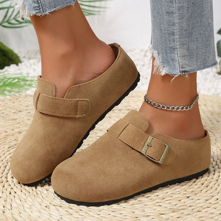 Women Casual Suede Boston Style Clogs Mules Round Toe Slip On Thick Sole Metal Buckle Fashion Low Heel Outdoor Flat Slippers