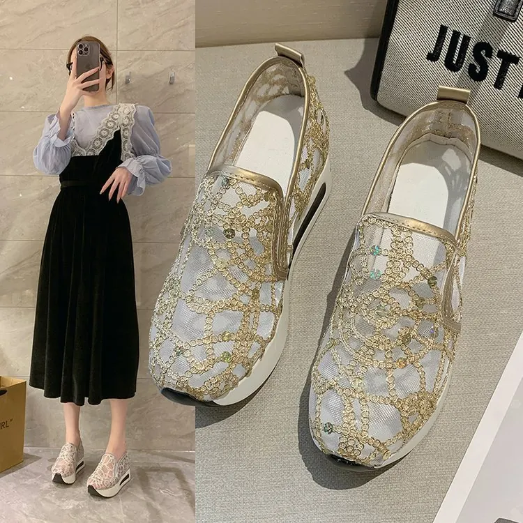 Women's Lace Mesh Platform Sneakers Sparkly Sequin Wedge Sandals Slip-On Breathable Casual Shoes For Daily Fashion Walking
