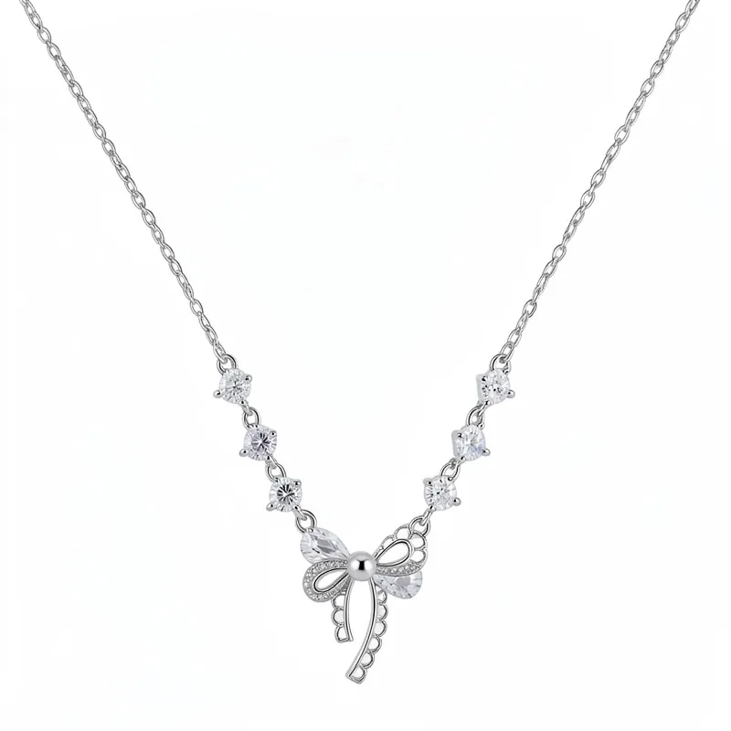 Elegante Schleife Anhänger Halskette Für Damen Kupfer Zirkonia Künstliche Perle Silber Farbe Schlüsselbeinkette Täglicher Modeschmuck
