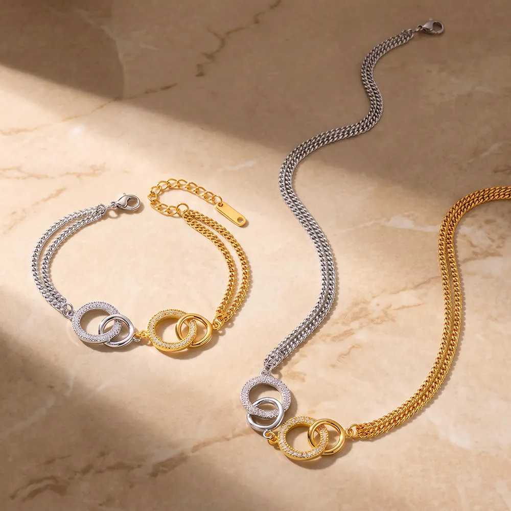 Mode Geometrisch Edelstahl Halskette Armband Set Für Damen Strass Eingelegt Zweifarbig Gliederkette Schmuck Geschenk