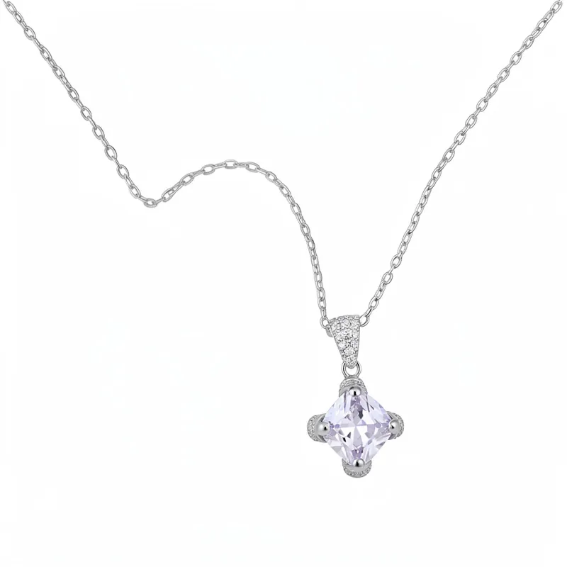 Damen Elegant Kupfer Zirkonia Rhombus Anhänger Halskette Ohrringe Ring Schmuckset Für Hochzeit Party Bankett Silber Lila Zubehör