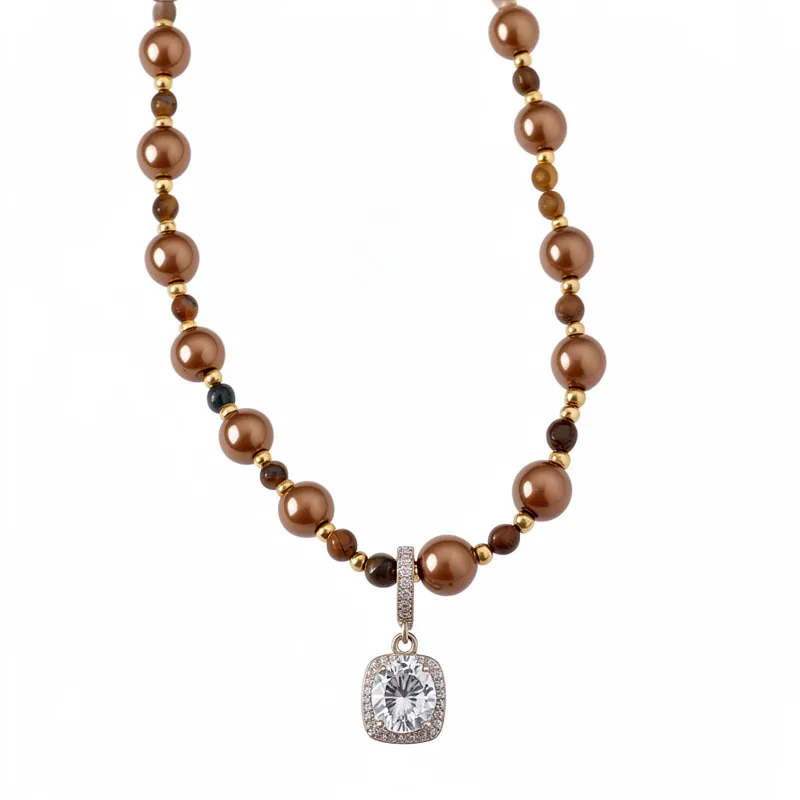 Retro Tijgeroog Steen Kunstparel Kralen Ketting Voor Vrouwen Met Vierkante Zirconia Hanger Luxe Vergulde Sieraden