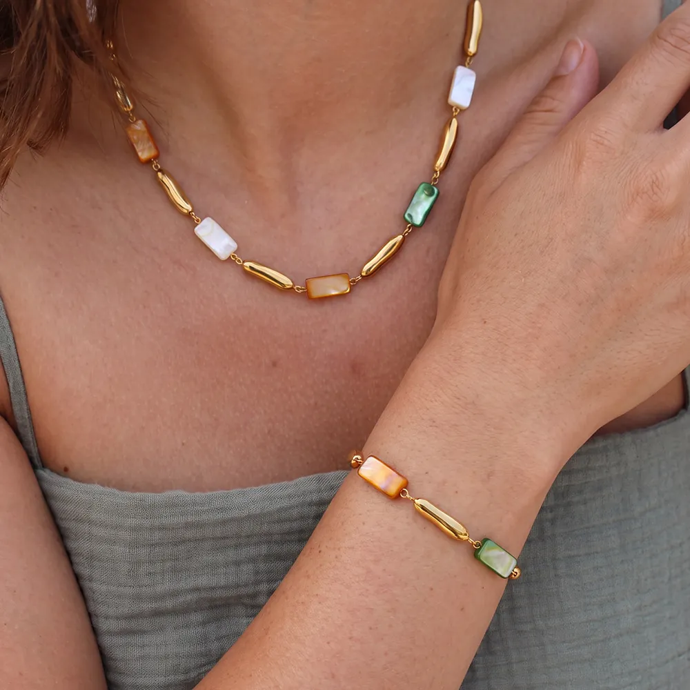 Ensemble de Bijoux Minimalistes en Acier Inoxydable Coquillage Géométrique Collier Bracelet Plaqué Or 18K pour Femme