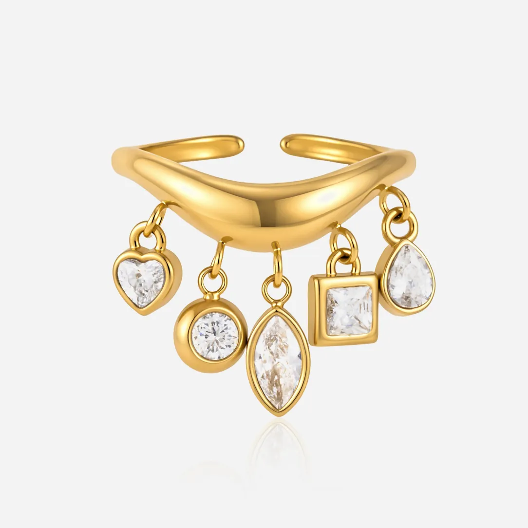 Lussuoso Anello Aperto a Onda in Acciaio Inossidabile per Donna Placcato Oro 18K Zirconia Nappa Ciondolo Anello di Moda Gioielli