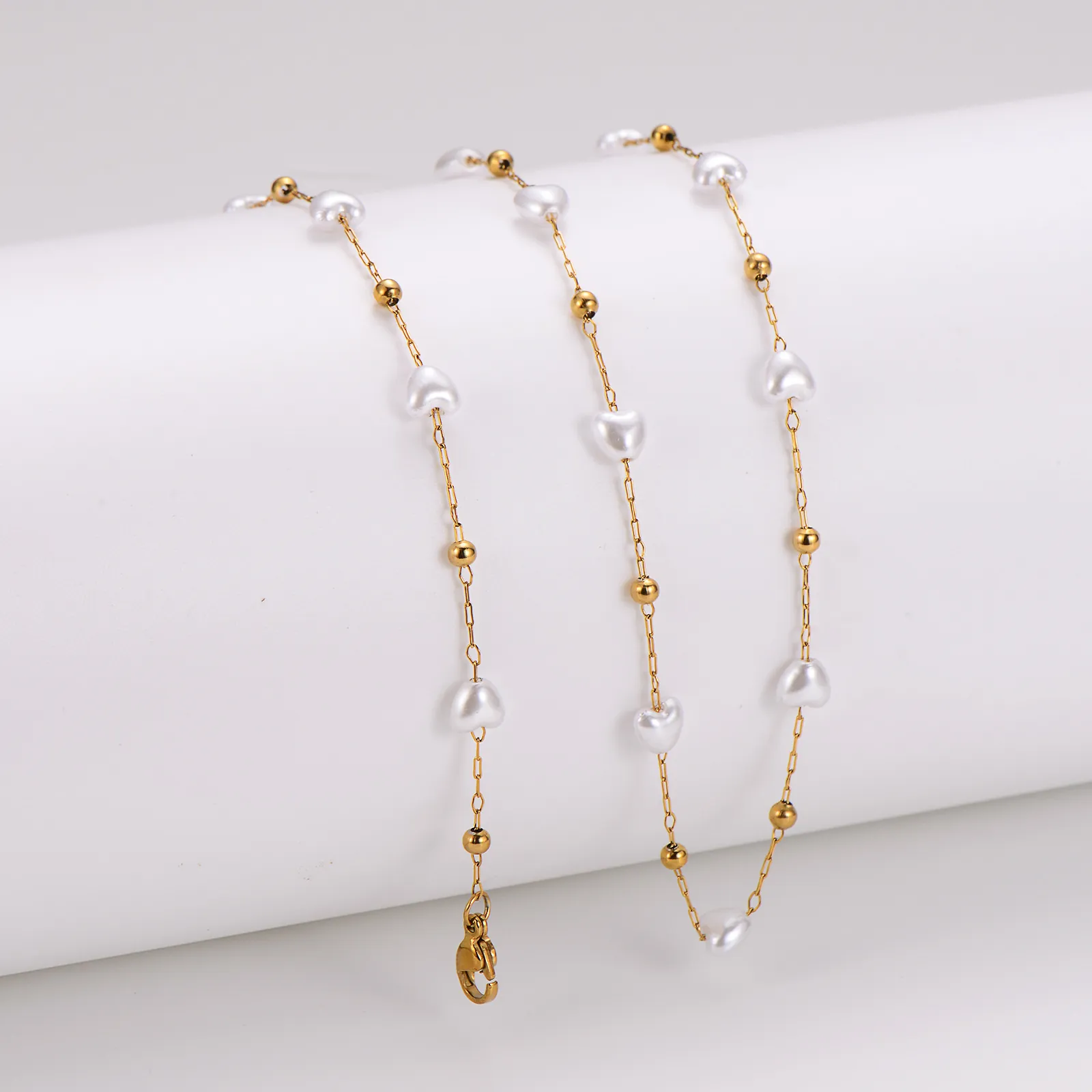 Elegantes Edelstahl 18K Vergoldet Herz Künstliche Perle Spleißen Perlen Schlüsselbein Kette Halskette Armband Für Damen