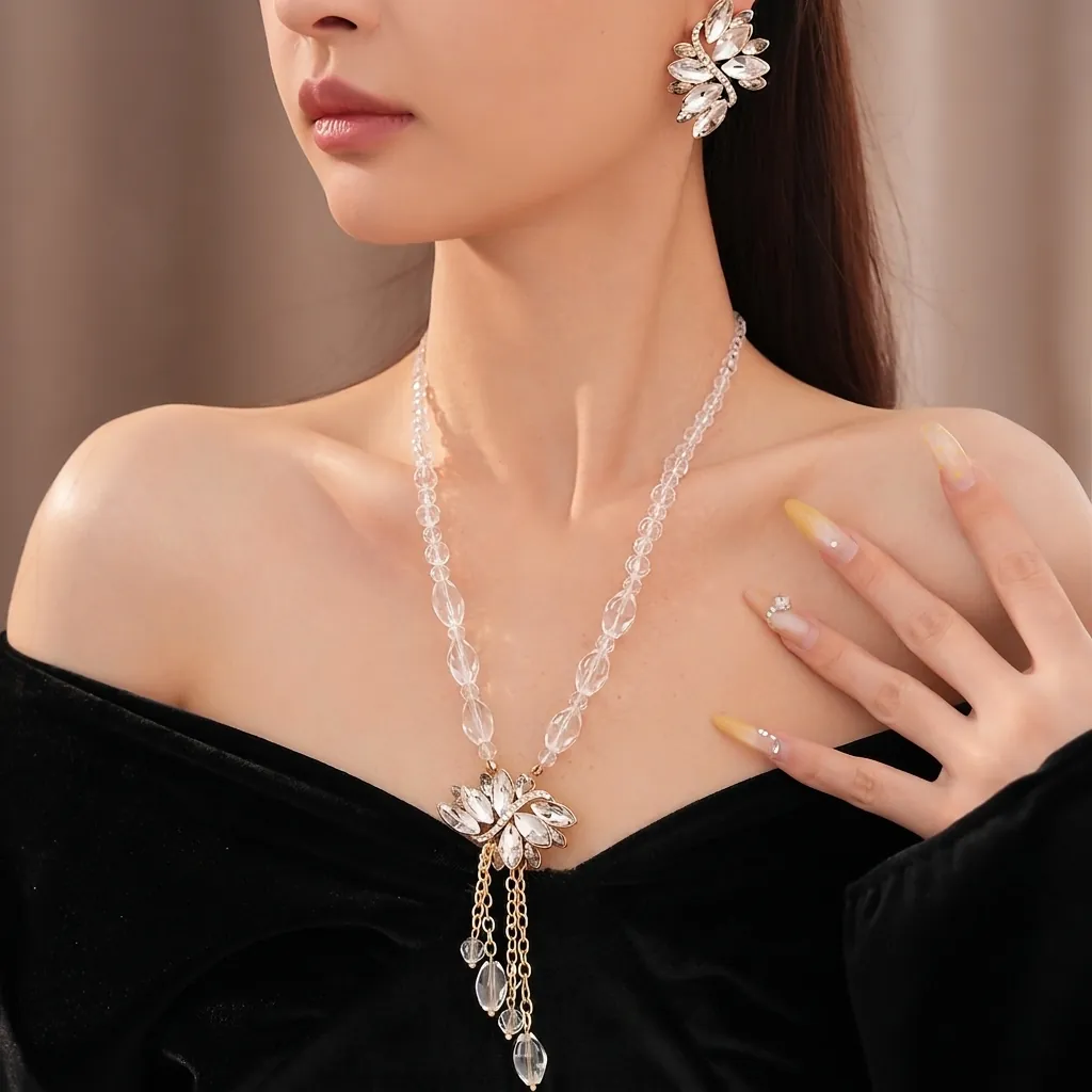 Vintage-Palast-Stil Glasperlen Strass Quaste Halskette Und Ohrringe Elegante Luxuriöse Schmuck Für Damen Abend Bankett