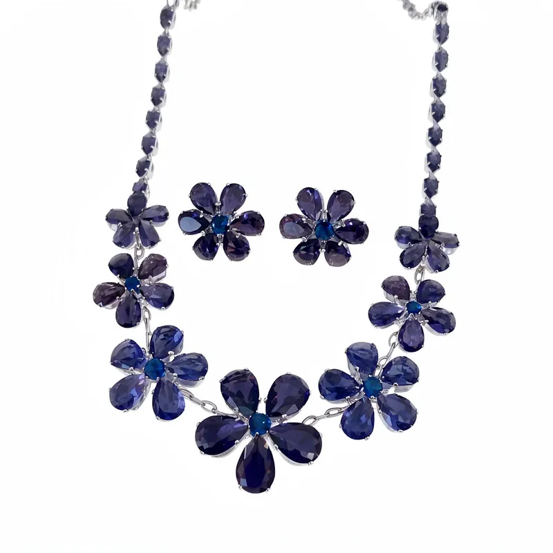 Vintage Zirconia Bloem Ketting En Oorbel Set Luxe Koper Sleutelbeenketting Sieraden Set Voor Vrouwen Feest Cadeau