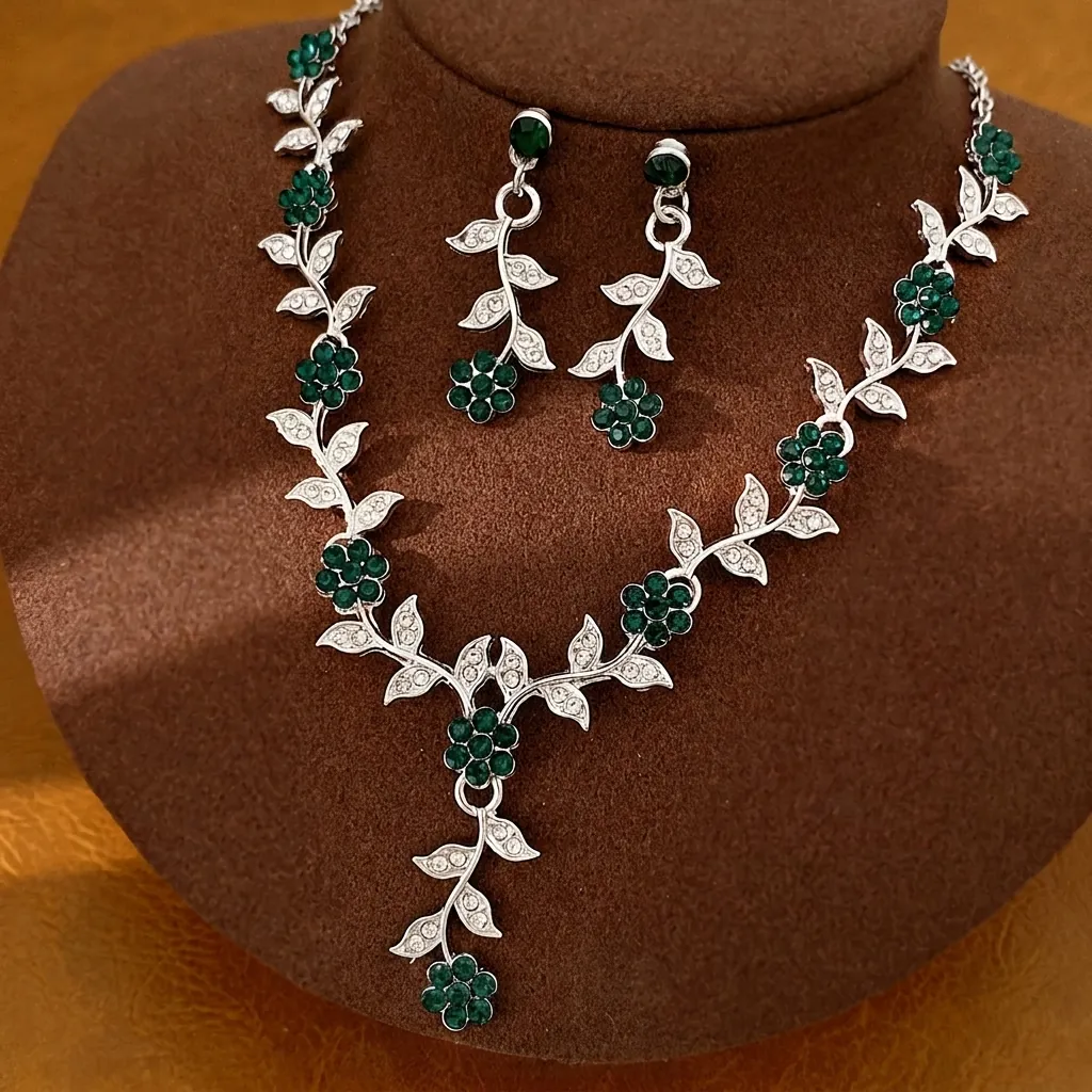 Vintage Kupfer Zirkonia Blatt Blume Schmuckset Für Damen Silberton Grün Strass Halskette Ohrringe Set Luxus Retro Zubehör