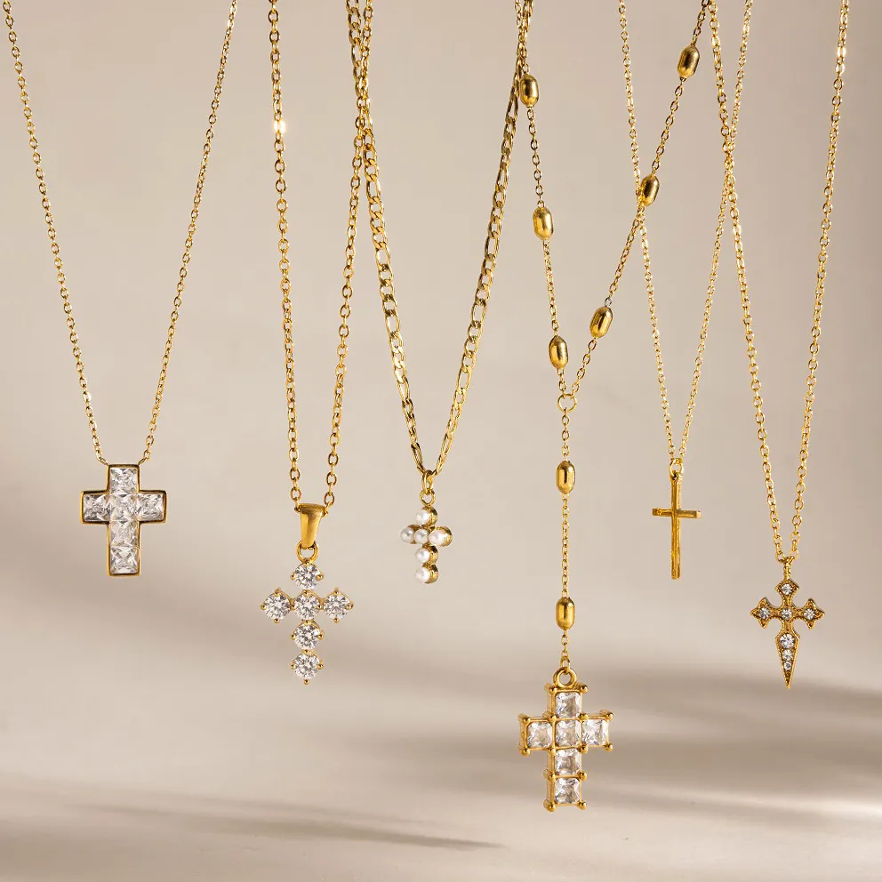 Collana Con Pendente a Croce in Acciaio Inossidabile per Donna Strass Perle Artificiali Intarsiate Oro Argento Gioielli di Moda Elegante