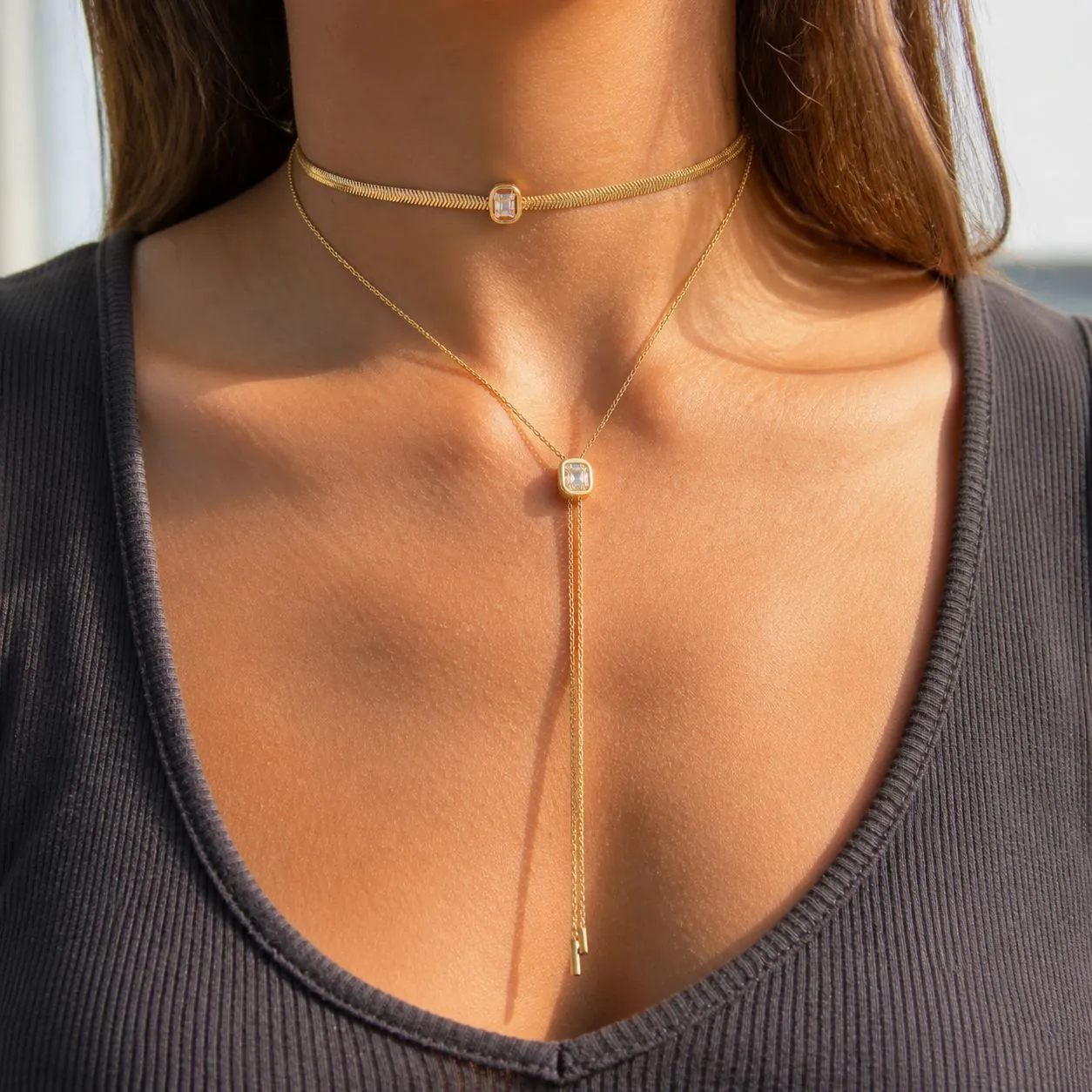 Verstellbare Halskette Mit Quadratischem Strass-Anhänger Goldplattierter Edelstahl Y-Kette Eleganter Modeschmuck Für Damen