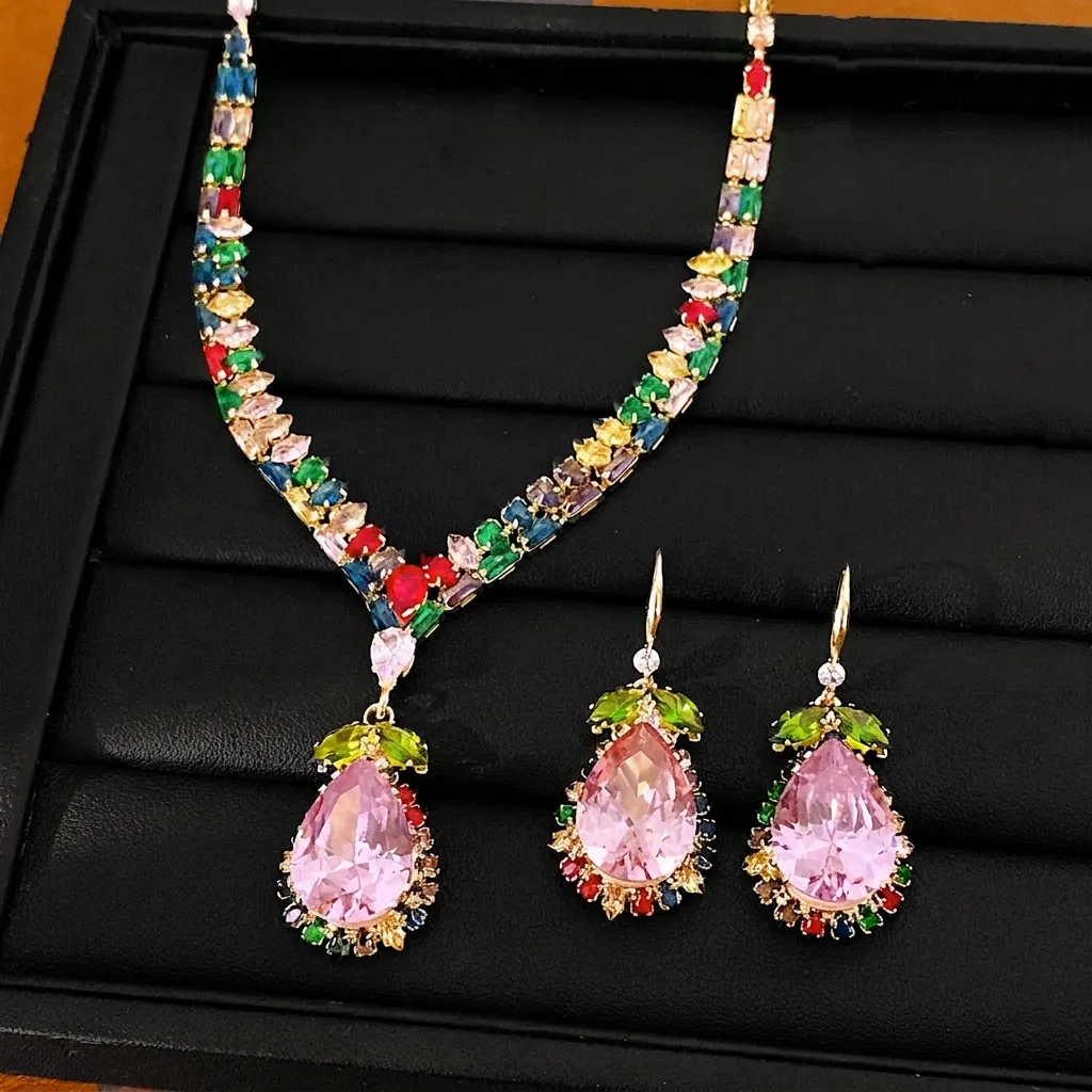 Collar de Colgante de Gota de Agua de Cobre Circonia Vintage y Pendientes de Gancho Joyería Para Mujer Lujosa Cadena de Clavícula Chapada en Oro Real