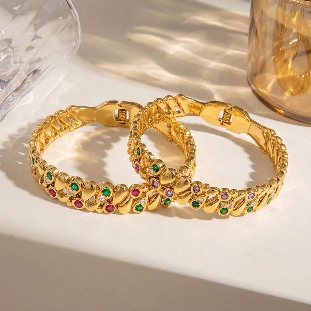 Luxus Ins Stil 18K Vergoldet Edelstahl Geometrischer Armreif Für Damen Mode Mehrfarbige Strass Offene Armreif Armband Schmuck