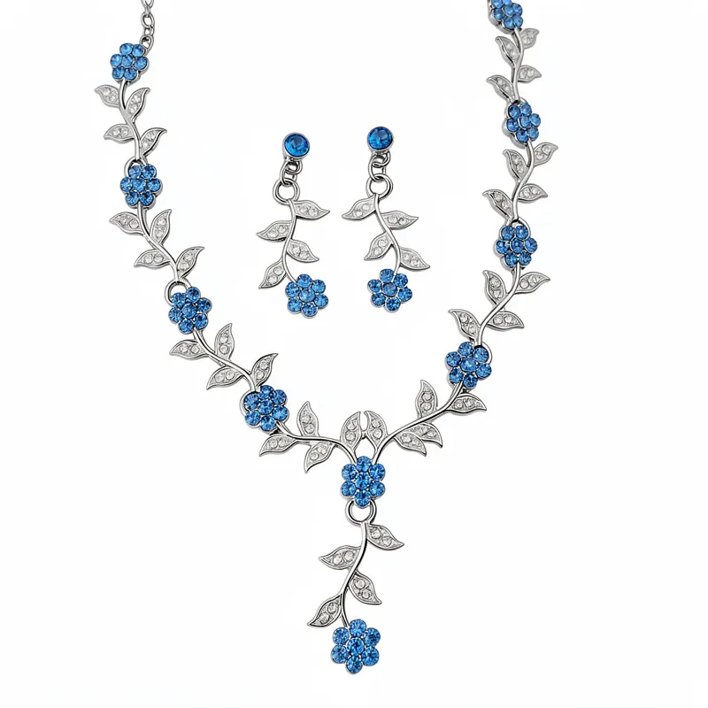 Paleisstijl Verzilverd Koper Blauw Zirconia Blad Bloem Ketting Oorbellen Sieradenset Voor Dames Elegante Banket Accessoires