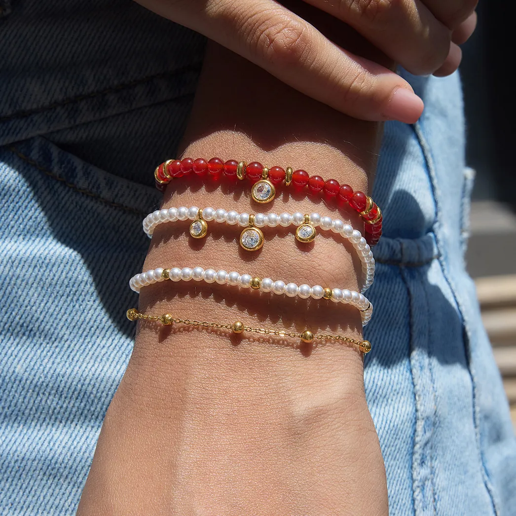Vintage Edelstahl Künstliche Perle Perlenarmband Für Damen Mehrreihige Strass Anhänger Rote Achat Stil Schmuck