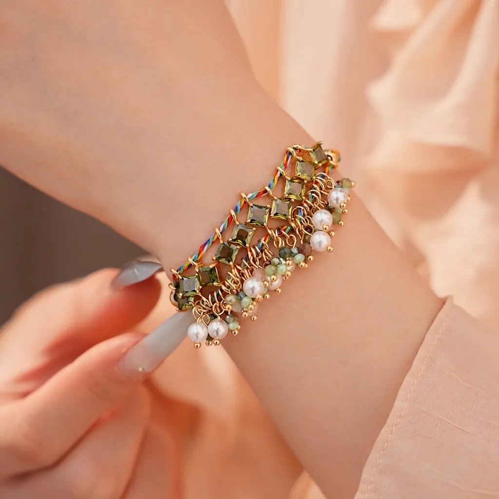 Bracelet en Corde Tissée Style Ethnique Vintage Strass Gland Perle Artificielle pour Femme Bijoux Boho