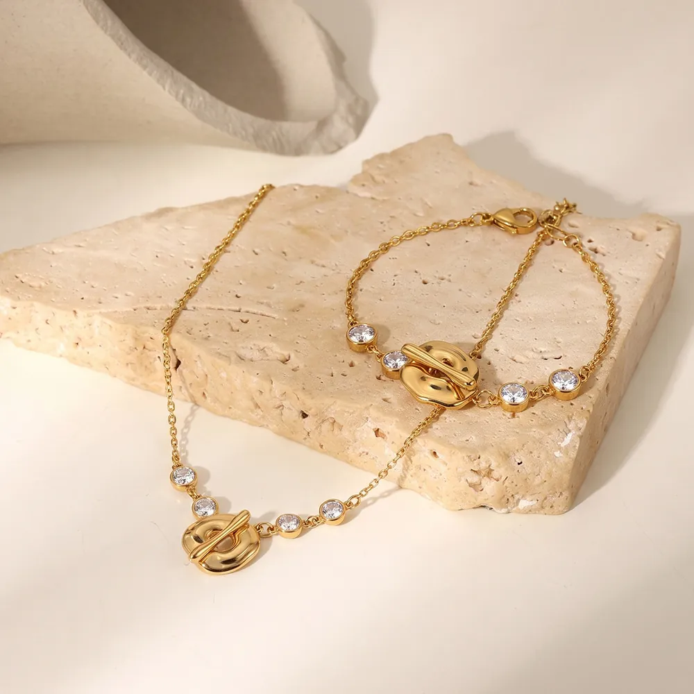 Unregelmäßige Geometrische Zirkonia Edelstahl Halskette Armband Für Damen 18K Vergoldet Trendiger Luxus Schmuck Accessoire