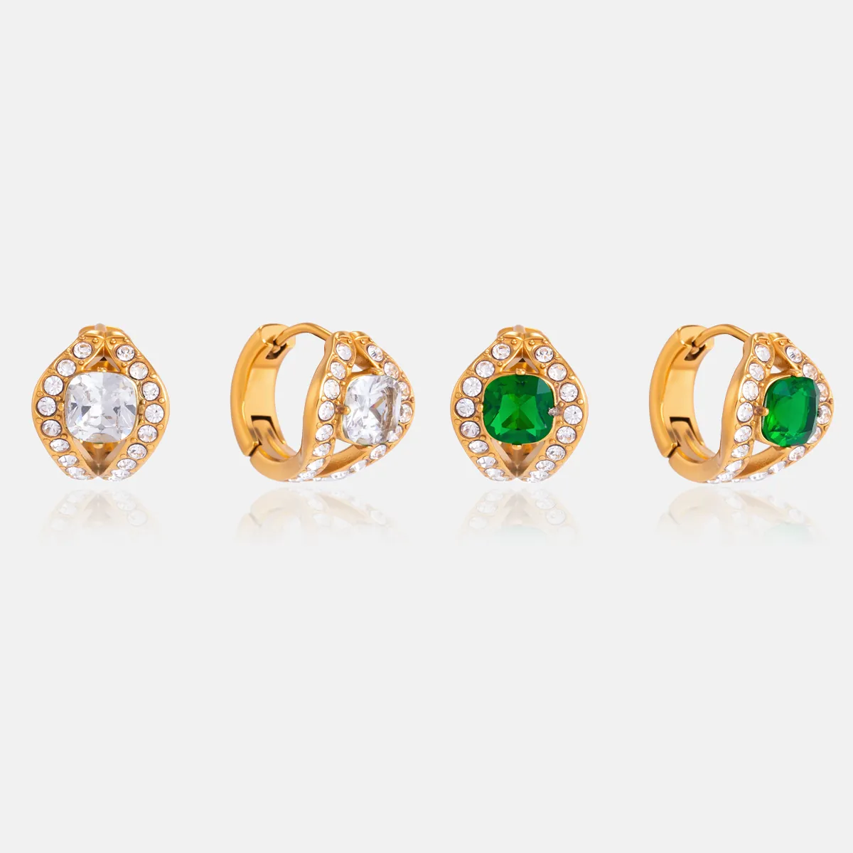 Luxe Roestvrij Staal Zirconia Slang Creolen Goud Verguld Smaragd Vierkante Steen Geometrische Oorbellen Sieraden Voor Dames