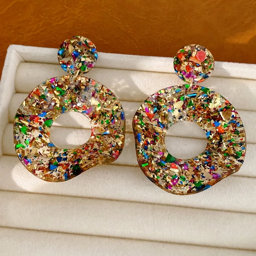 Boucles d'Oreilles Clous Rondes en Acrylique de Luxe avec Tige en Argent Paillettes Colorées Incrustées Boucles d'Oreilles Bohèmes pour Femmes