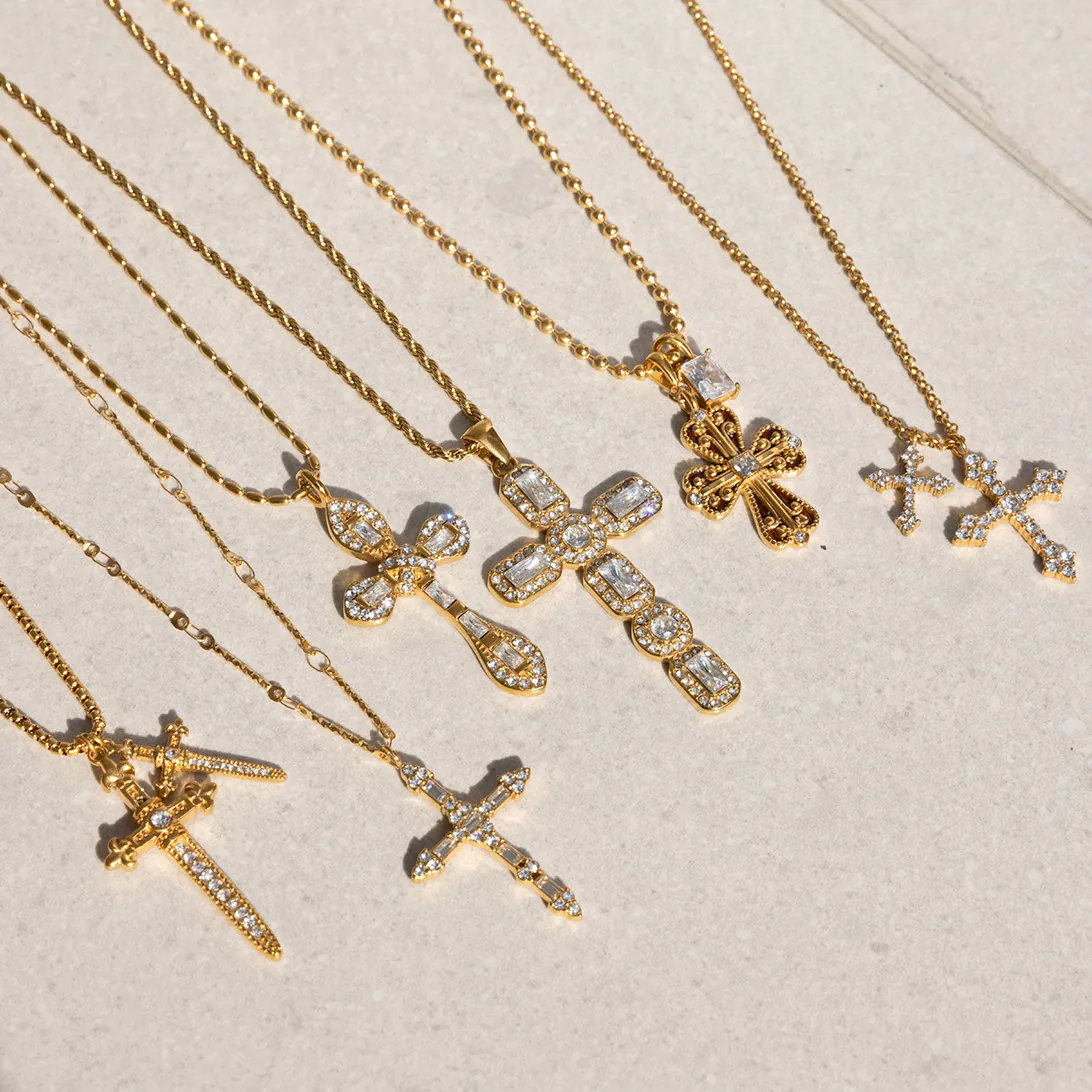 Luxus Edelstahl Kreuz Anhänger Halskette Für Damen Vergoldet Strass Schwert Geometrische Charme Halskette Schmuck Geschenk