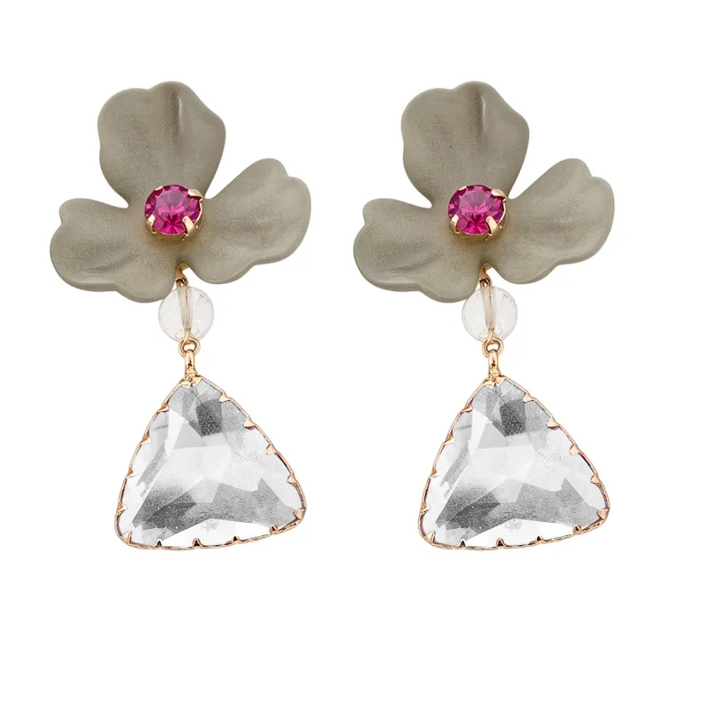 Luxe Acryl Bloem Driehoek Hanger Oorbellen Voor Vrouwen Mode Overdreven Zilveren Oorknopje Ingelegde Strass High-End Sieraden