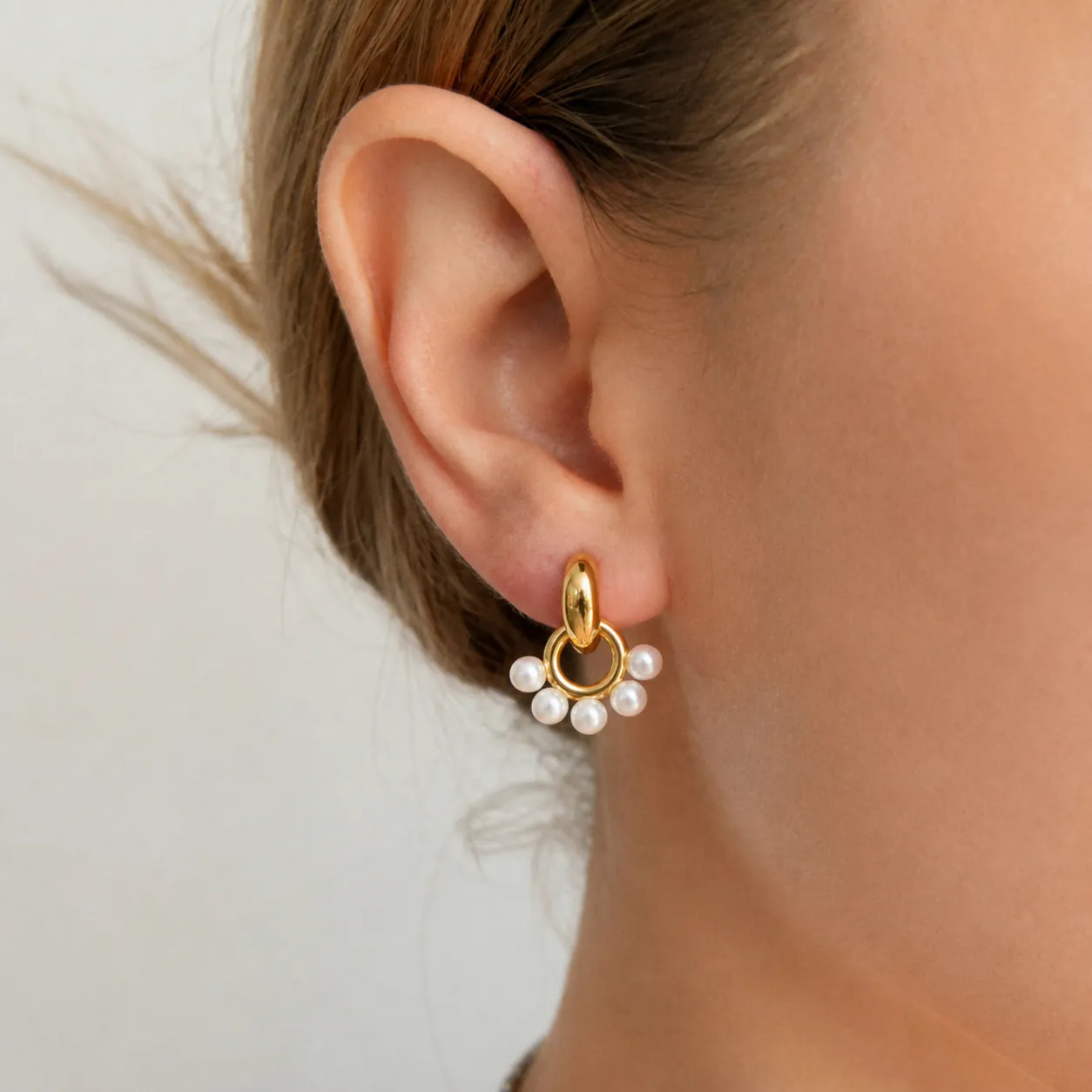 Women Stainless Steel Door Handle Stud Earrings With Artificial Pearl Gold Plated Geometric Hoop Earrings Luxury Fashion Jewelry
