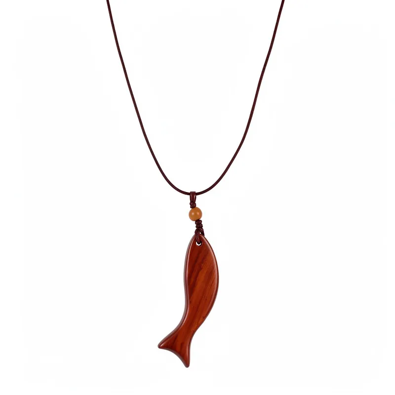 Handgefertigte Vintage Holz Fisch Anhänger Halskette Geflochtenes Seil Lange Pulloverkette Ethnischen Stil Kunstschmuck Für Damen