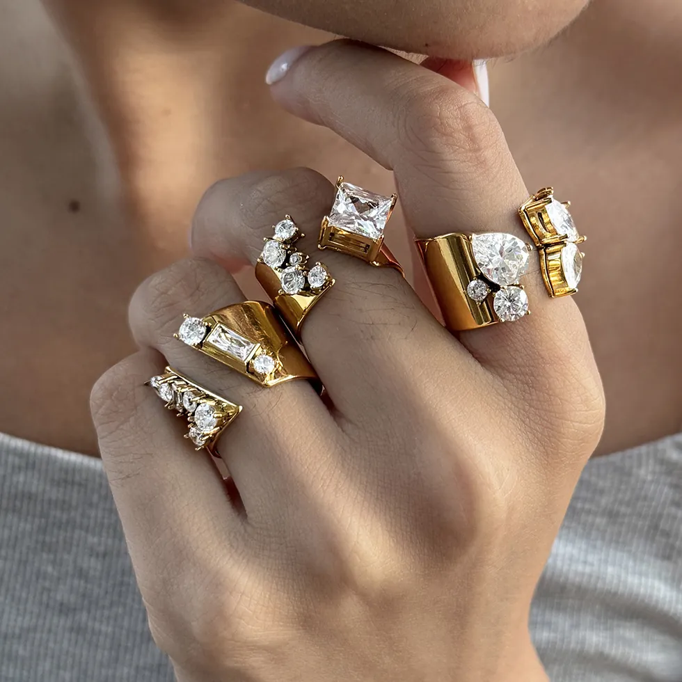 Luxus Edelstahl Strass Offener Ring Für Damen Vergoldet Unregelmäßiger Breiter Geometrischer Fingerring Mode Schmuck Geschenk