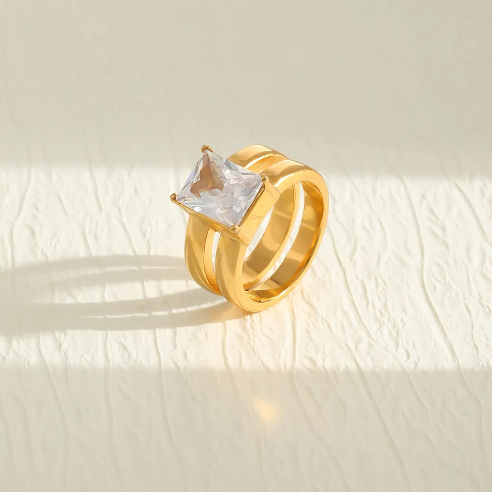 Women Fashion Double Layer Geometric Stainless Steel Ring 18K Gold Plated Square Rhinestone Statement Finger Ring Jewelry