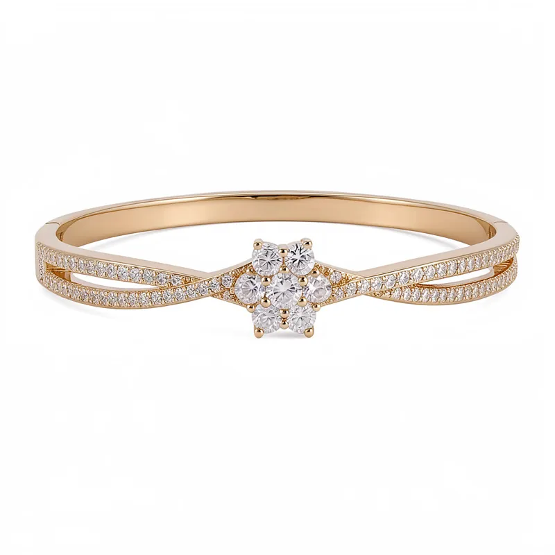 18K Vergoldeter Kupfer Zirkonia Armreif Für Damen Überkreuzt Gewickelt Blumenmuster Eingelegte Zirkonia Verschluss Armband Schmuck