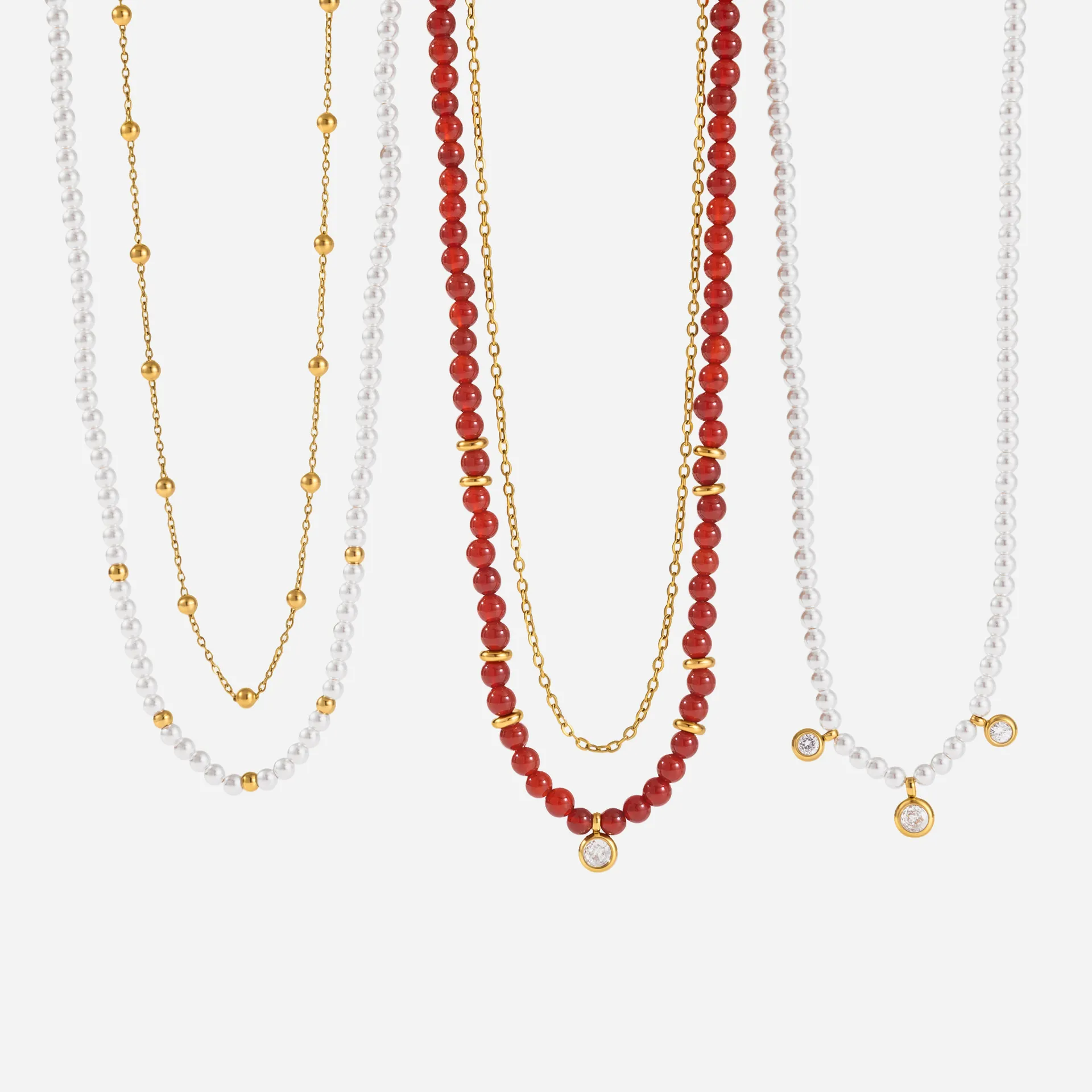 Roestvrijstalen Gelaagde Ketting Vintage Rode Agaat Kunstparel Strass Hanger Ketting Voor Vrouwen Elegante Sieraden Cadeau