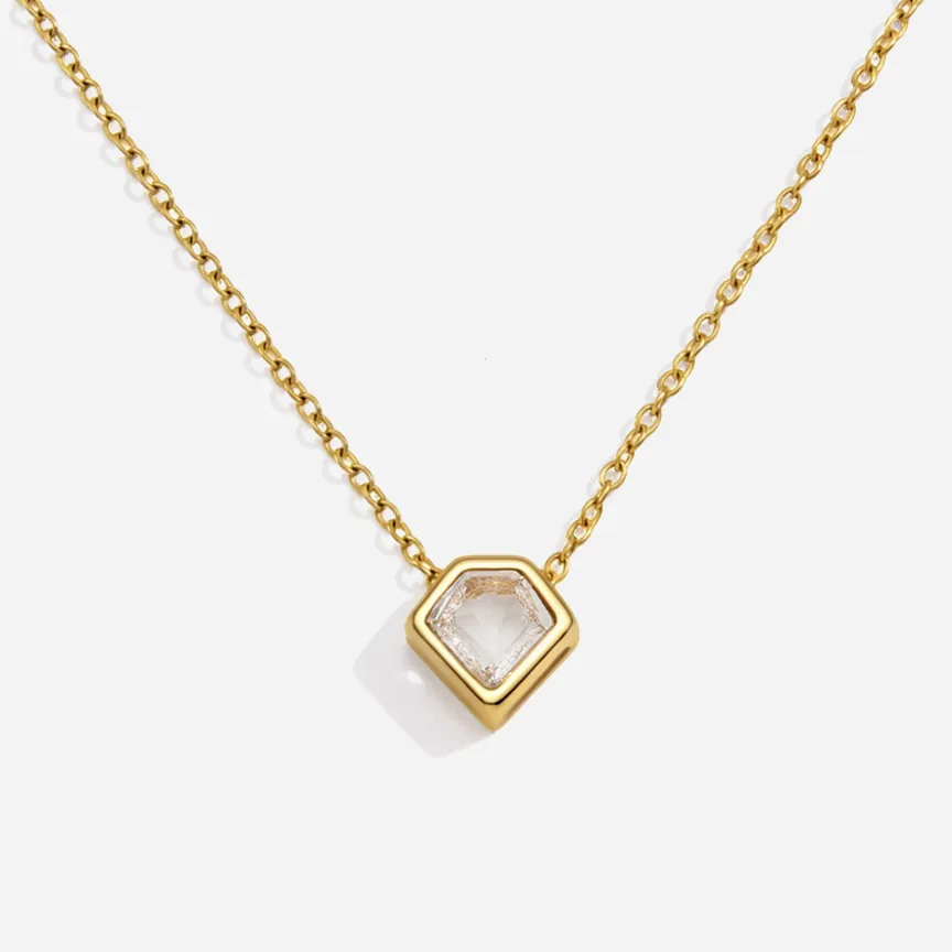 Edelstahl Zirkonia Fünfeck Anhänger Halskette Für Damen Light Luxury Vergoldet Geometrische Schlüsselbeinkette Schmuck