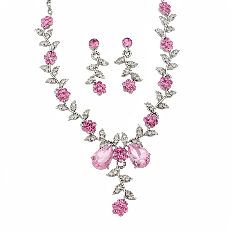 Mode Süße Blume Blatt Strass Halskette Und Ohrringe Schmuckset Für Damen Elegante Legierung Rosa Blumen Choker Accessoire