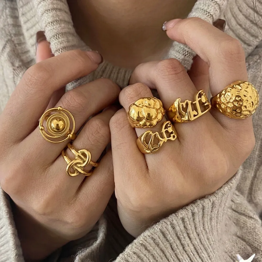 Women's Minimalist Stainless Steel 18K Gold Plated Ring Geometric Hammered Sphere Letter Fashion Jewelry Finger Ring European Style Gift