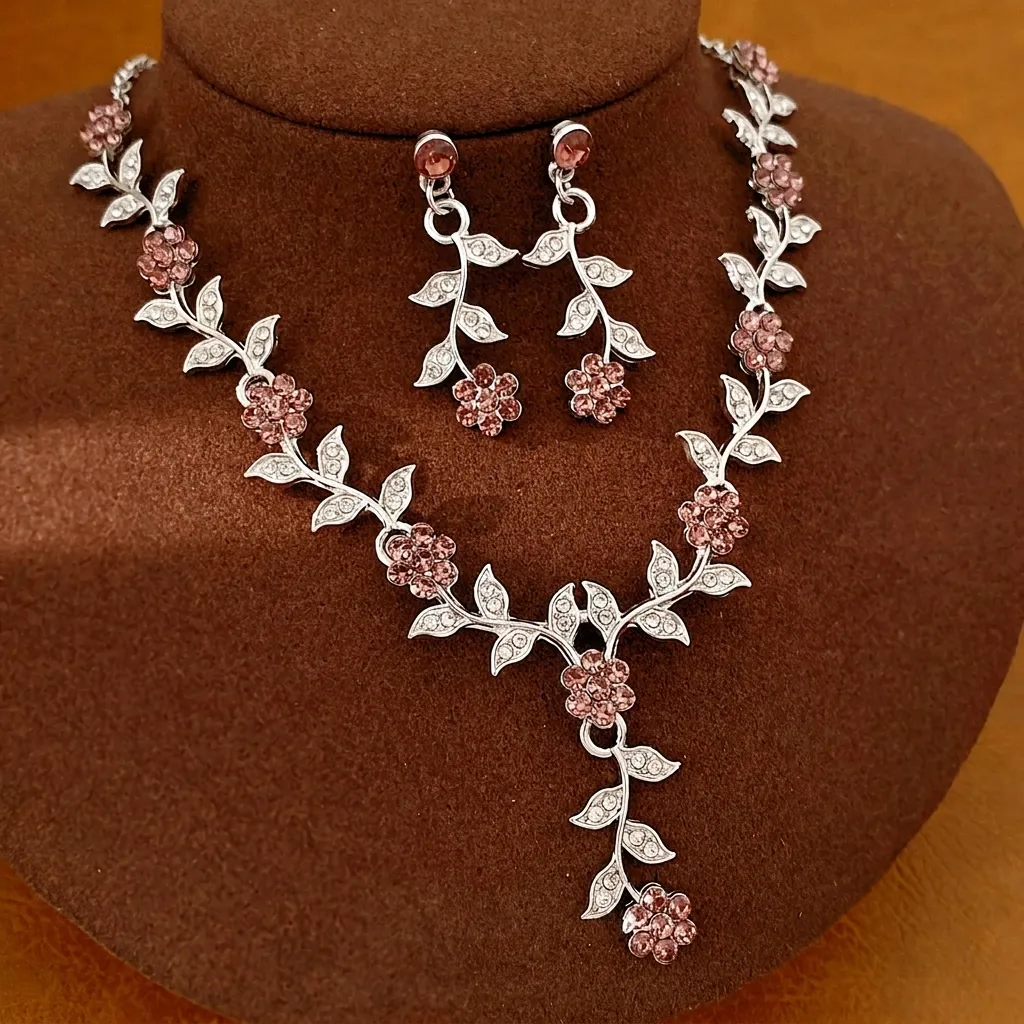 Palast-Stil Kupfer Zirkonia Blatt Blume Schmuckset Für Damen Vintage Luxus Schlüsselbeinkette Ohrringe Set 925 Silber Stift Hochzeit Party Zubehör