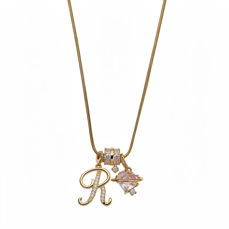 18K Echt Goud Verguld Koper Zirconia Letter R Hart Saturnus Hanger Halsketting Voor Vrouwen Elegant Zoet Roze Sleutelbeenketting Sieraden