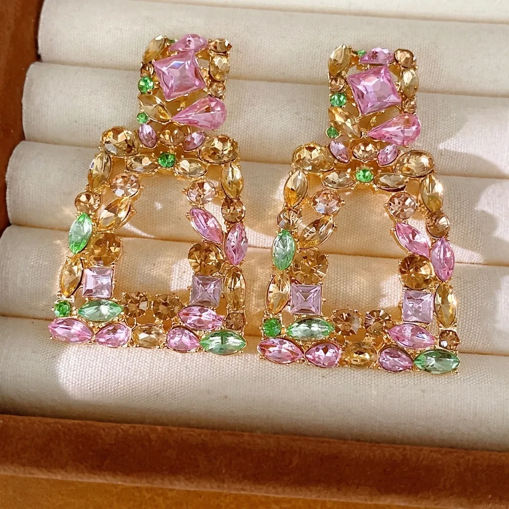Vintage Palast Stil Quadratisch Hohl Strass Ohrringe Silber Ohrringpfosten Bunte Kristall Geometrische Schmuck Für Damen