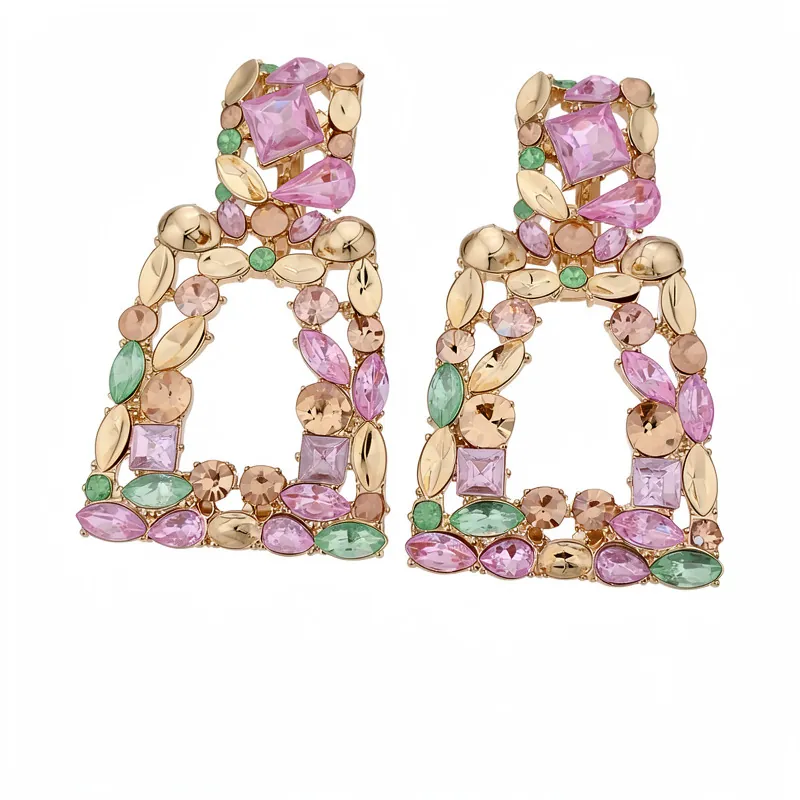 Vintage Paleisstijl Vierkant Hol Strass Oorbellen Zilveren Oorsteker Kleurrijke Kristal Geometrische Sieraden Voor Dames