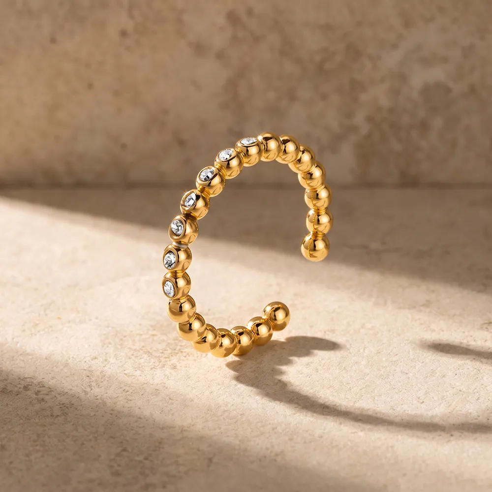 Franse Stijl Roestvrij Staal 18K Vergulde Open Ring Voor Vrouwen Kralen Strass Geometrische Verstelbare Vingerring Sieraden