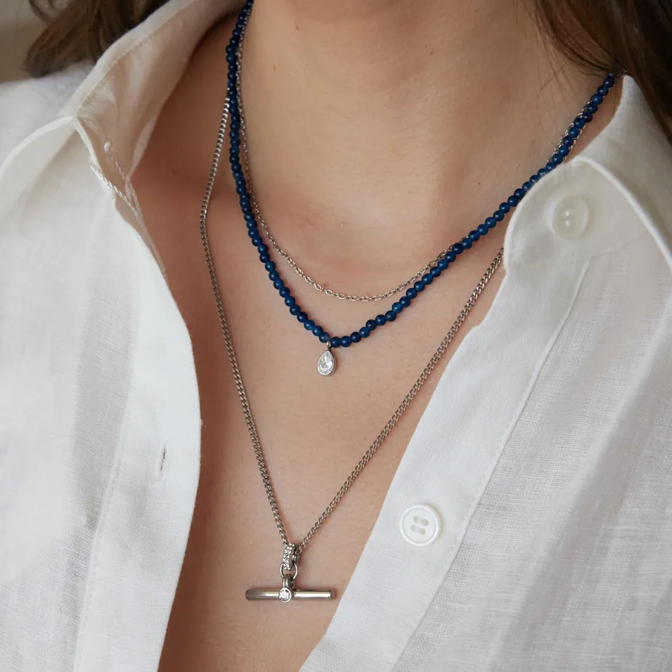 Luxury Stainless Steel Necklace For Women With Water Drop Zirconia Pendant Natural Stone Double Layer Chain Jewelry Gift