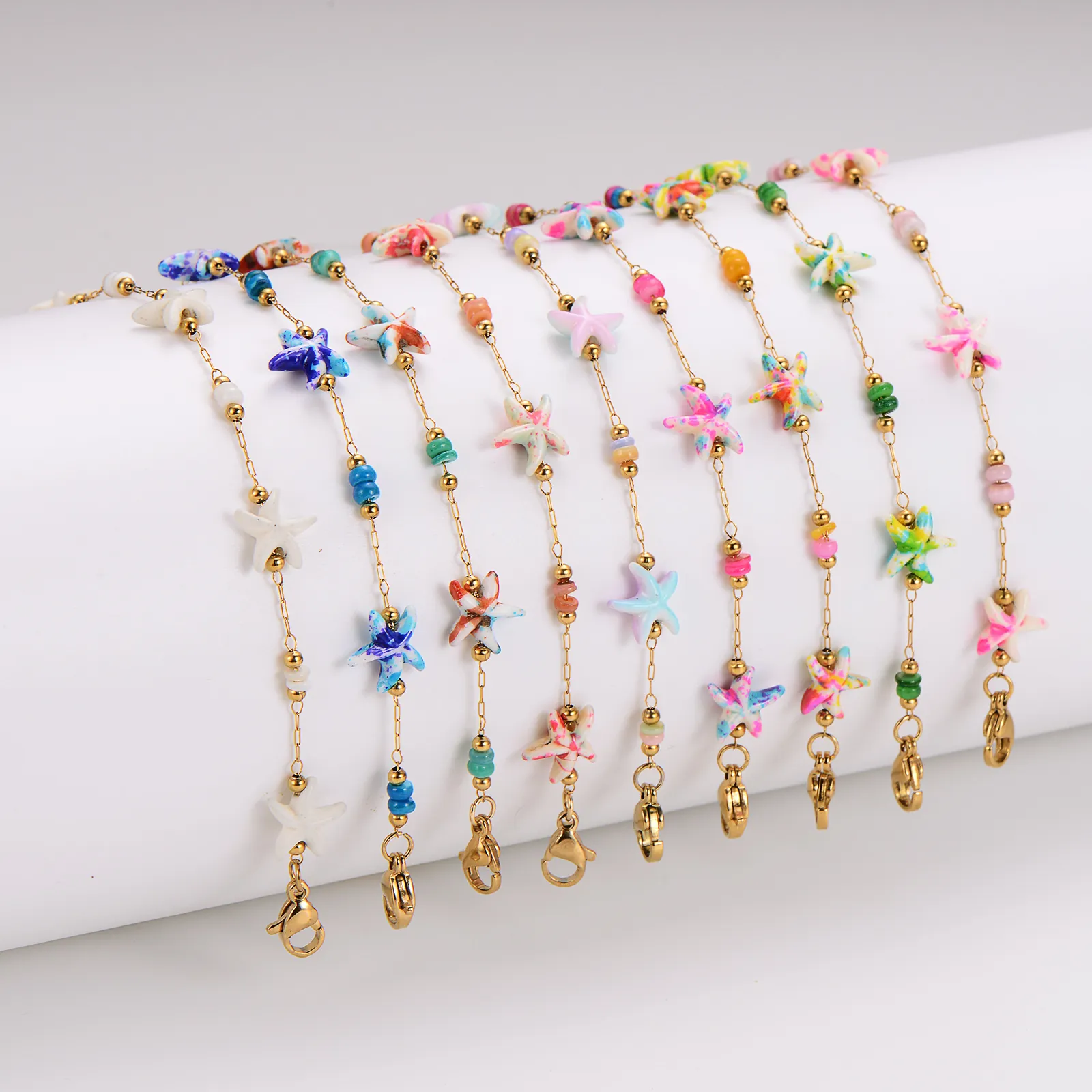 Edelstahl Bunter Seestern Künstliche Perle Schmuckset Halskette Armband Süßer Urlaubsstil Ozeanserie Für Damen