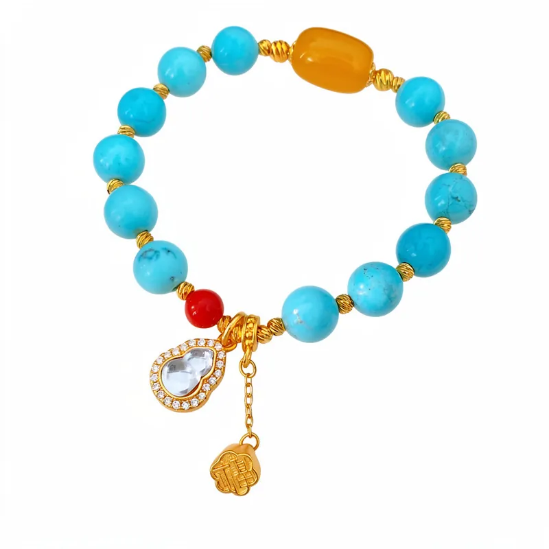 Retro 24K Vergoldet Harz Stein Perlenarmband Für Damen Vintage Hulu Kalebassen Anhänger Zirkonia Eingelegt Luxus Nischen Schmuck
