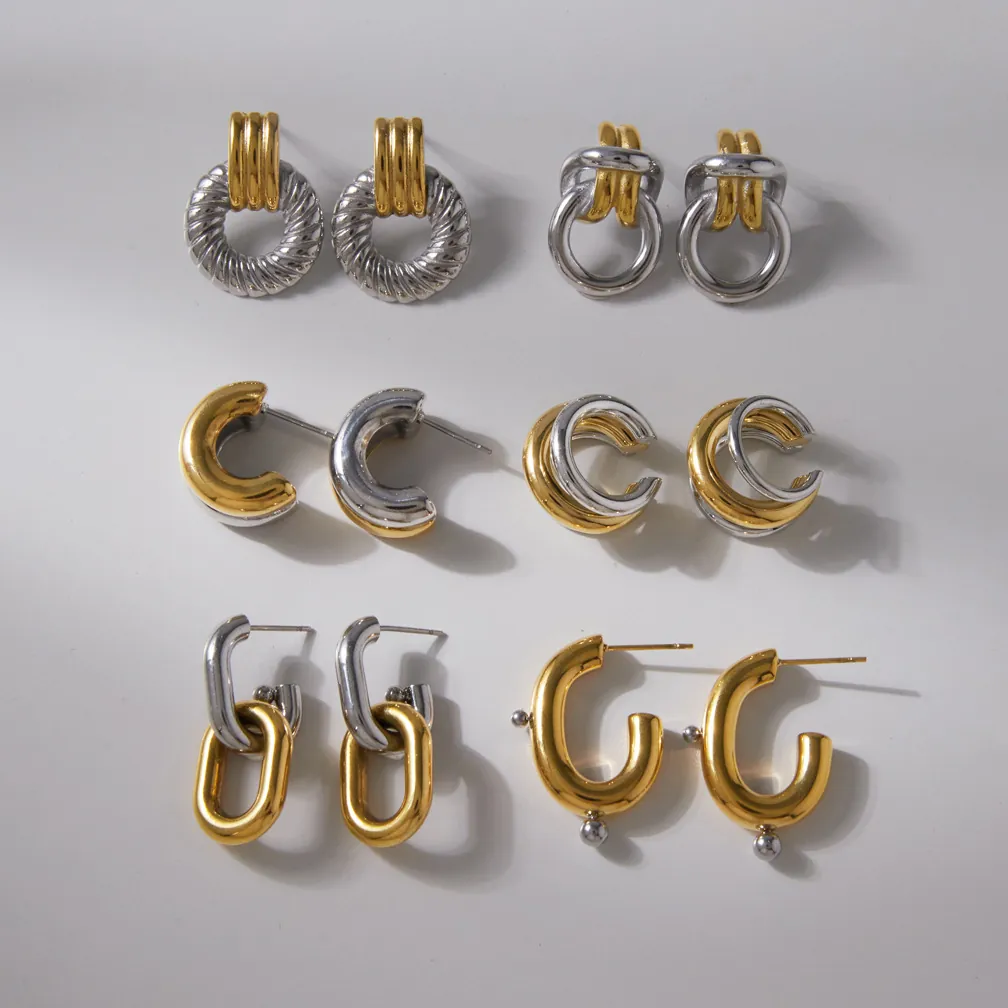 Edelstahl Gold Silber Kontrast Creolen Geometrische C-förmige Titanstahl Ohrstecker Für Damen Minimalistische Mode Schmuck