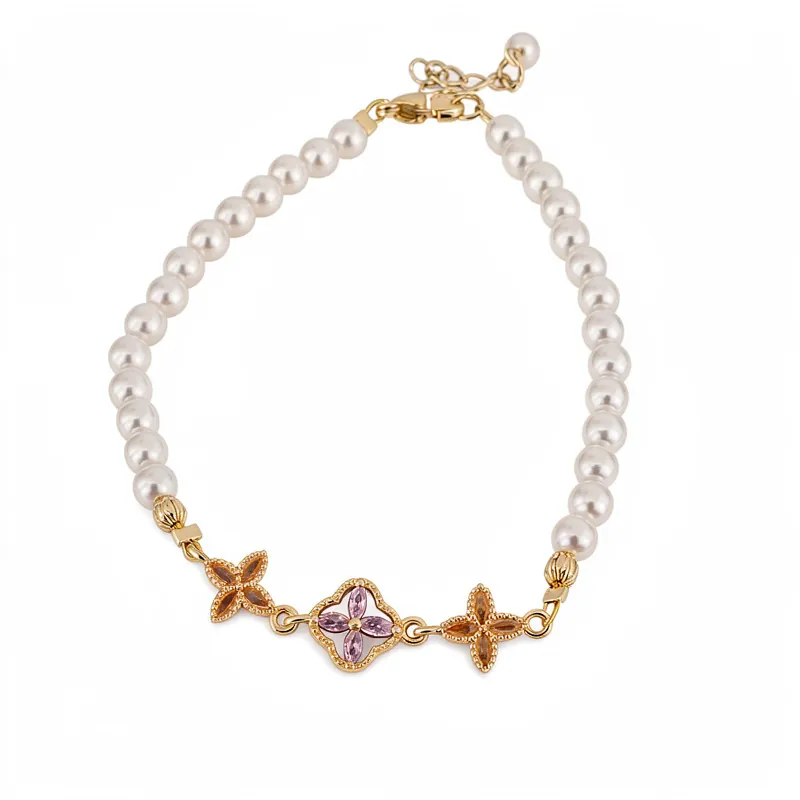 18K Vergulde Zirconia Kunstparel Bloemenarmband Voor Vrouwen Elegante Florale Charm Handketting Sieraden Cadeau