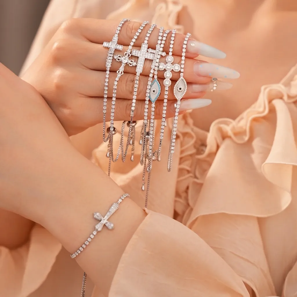 Bracelet Mauvais Œil en Zirconia et Coquillage pour Femmes Cuivre Plaqué Argent Bracelet Tennis Croix Réglable Bijoux de Main