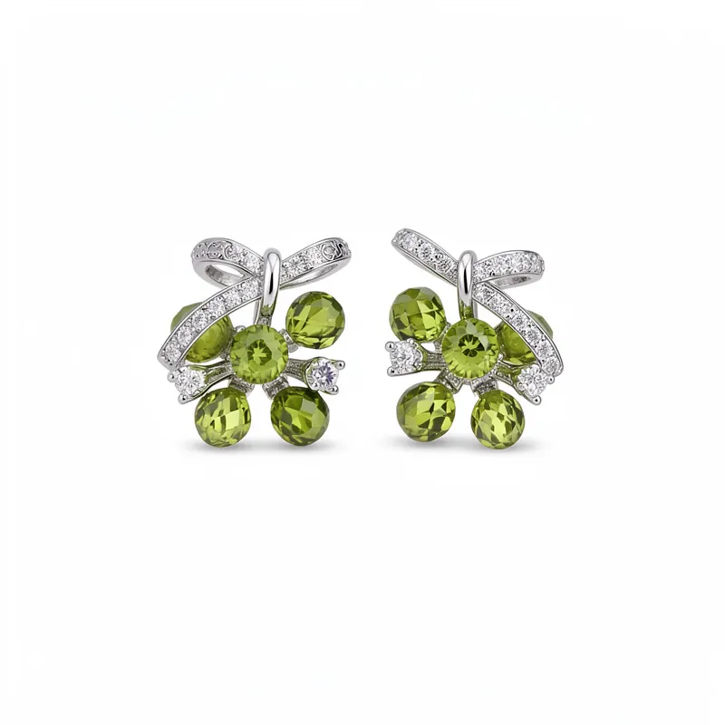 Groene Glas Bloem Oorknopjes Voor Vrouwen Minimalistisch Elegant Ingelegde Zirconia Zilver Kleur Strik Dagelijkse Sieraden